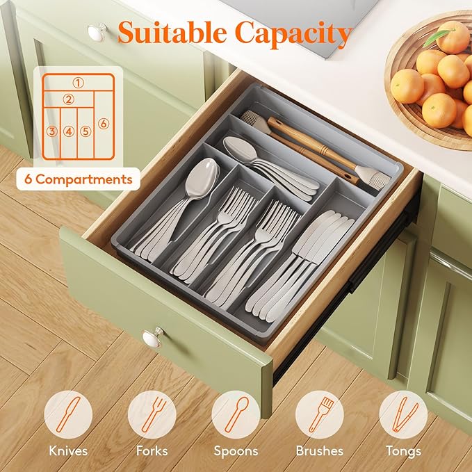 Lifewit Silverware Tray, Deep Wide Cutlery Drawer Organizer Storage for Kitchen, Plastic Flatware Utensil Holder Divider for Spoons Forks Knives Tableware, 6 Compartment, Gray