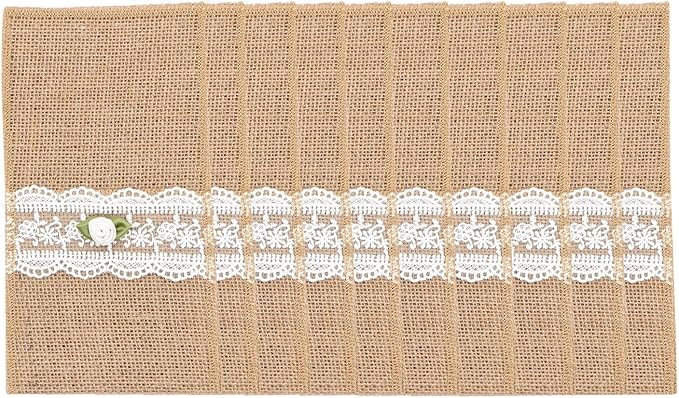 AOKQYA Wedding Utensil Holders - White Rose Lace Burlap Flatware Pouch for Cutlery Table Setting Set of 10 (Rose)