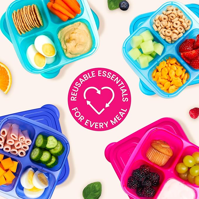 Bentgo Easyboxes 4-Compartment Snack Containers - 8-Piece Set with 4 Trays & 4 Custom-Fit Lids to Seal in Freshness - Reusable Food Storage & Meal Prep Bento BPA-Free Containers (Jewel Brights)