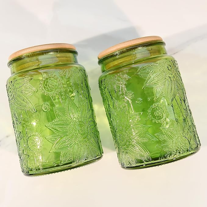 Glass Storage Jars With Airtight Lid, 23.7oz Canister For Kitchen Counter with Bamboo Lid, brown sugar, candy, coffee, cookie, salt, tea,pantry cute Jar (Green, 23.7 fl oz)