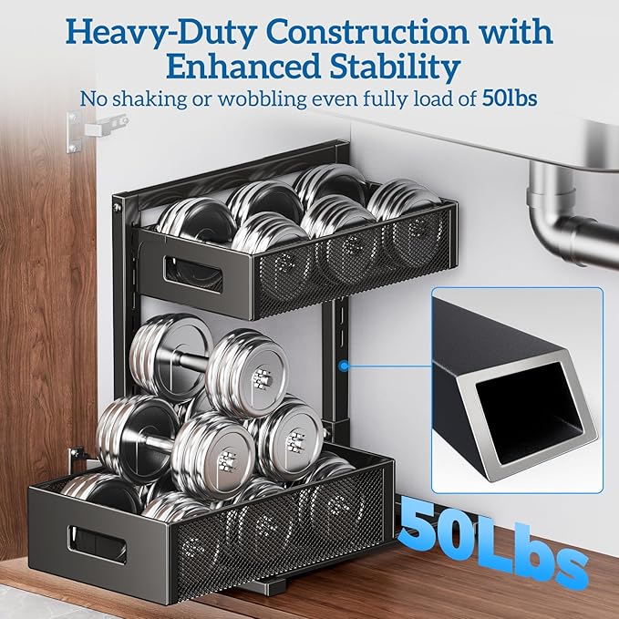 Organizer and Storage for Kitchen, Bathroom, Under Sink, Upgraded Guide Rail Design Smoothly Pulls Out Cabinet Organizer and Slides Out Sink Shelf Cabinet Storage Shelves XL