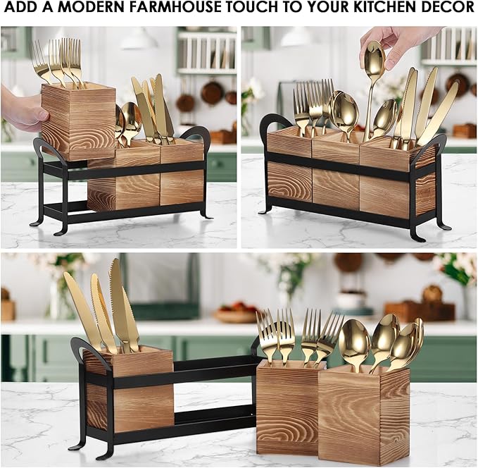 Wooden Utensil Caddy, Farmhouse Kitchen Silverware Holder with 3 Compartment, Flatware Organizer with Black Portable Metal Tray, Utensil Cutlery Organizer for Forks Spoons Knives, Wood