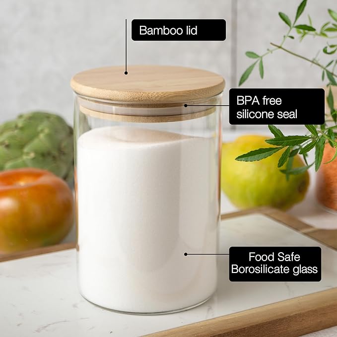 Moritz & Moritz Glass Food Storage Jars with Lids 6 Pack – Airtight Food Storage Containers for Pantry – Kitchen Organizers – Flour Sugar Containers with Labels and Chalk Pen