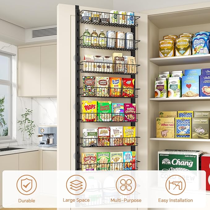 Over the Door Pantry Organizer, 8-Tier Adjustable Spice Rack Cabinet Door Shelves, Hanging Seasoning Organizer for Kitchen Bathroom, Laundry Room Organization, Black