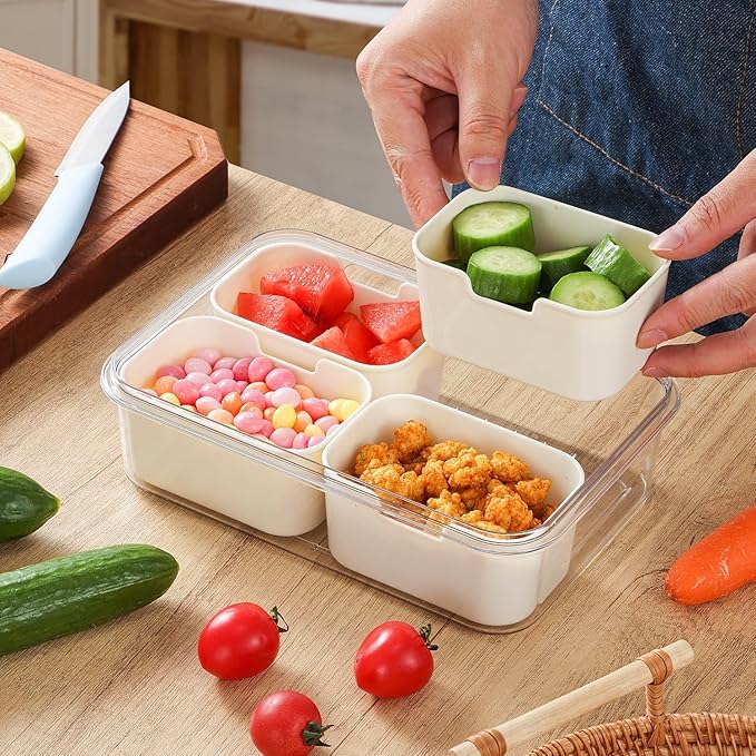 Snackle Box Container, 4 Compartment Divided Serving Tray with Lid, Snack Box Container for Candy, Fruit and Snacks, Great for Gatherings, Outings, Parties and Entertaining