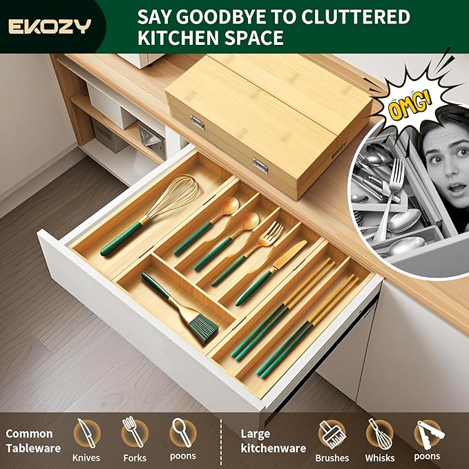 100% Bamboo Kitchen Drawer Organizer, 180° Flip Lid Feature Silverware Organizer for Cutlery Utensil, Cutlery Tray, 8 Slots with Dividers, Waterproof, Non-Slip, for Farmhouse to Modern Kitchen