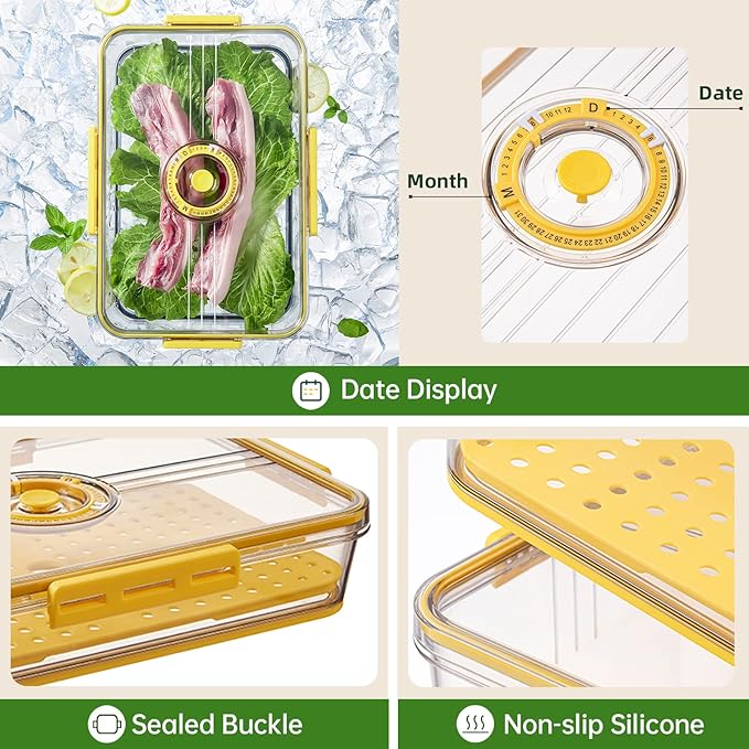 CottonColors Fridge Organizer, Food Storage Containers With Lids for Timer & Drain Board Stackable Refrigerator Organizers and Storage(Short, Small, 1.5 L)
