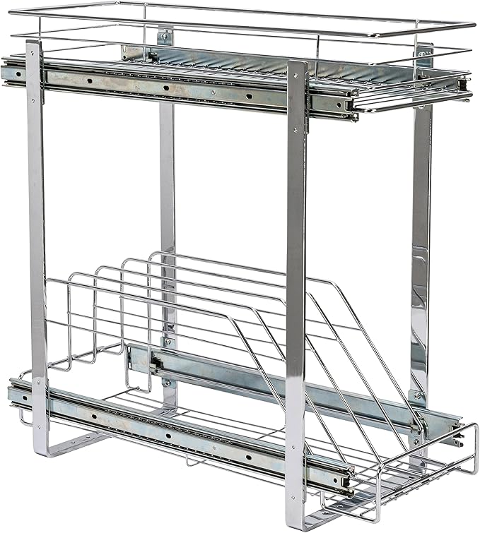 Household Essentials Glidez Multipurpose Chrome-Plated Steel Pull-Out/Slide-Out Dual-Sliding Storage Organizer for Cookware and Bakeware - 2-Tier Design - Fits Standard Size Cabinet or Shelf, Chrome