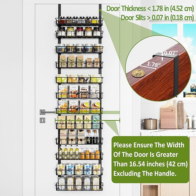 Churboro Over the Door Pantry Organizer Rack with 12 Adjustable Baskets, 12 Tiers Dual-use Spice Rack- Hanging or Wall Mount Spice Rack, Pantry Door Organizer, Black