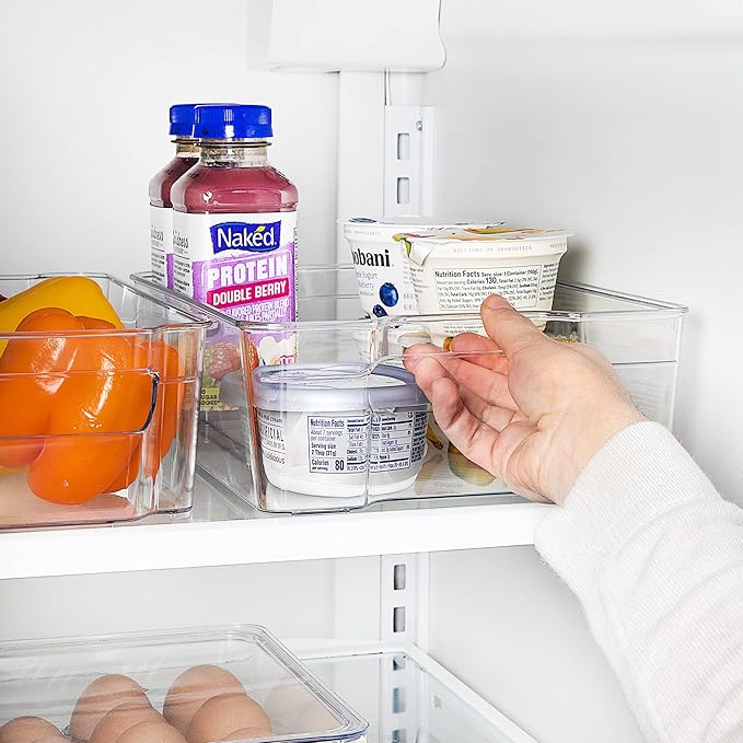 SIMPLEMADE Clear Refrigerator Organizer Bins - Clear Bins for Fridge, Containers for Fridge and Freezer, Multipurpose Storage for Kitchen, Office, Bathroom, Pack of 4 (8" x 12")