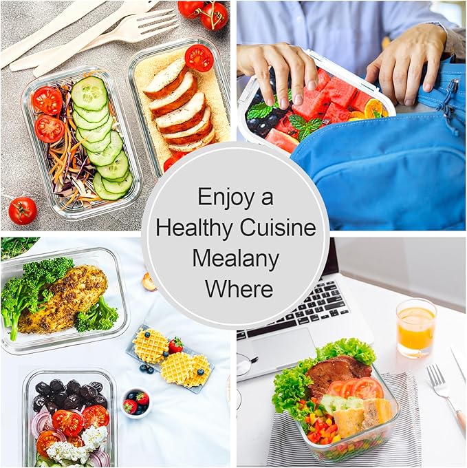 VERONES 10Pack Glass Meal Prep Containers, Airtight Glass Lunch Containers,Stackable Glass Food Storage Containers Set with Lids,Exclusive of BPA, for Microwave,Oven, Freezer&Dishwasher Friendly,White