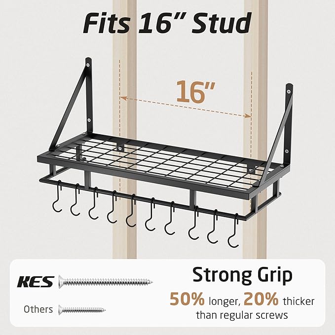 KES 24 Inch Kitchen Pot Pan Rack Wall Mounted Hanging Storage Organizer Wall Shelf With Hooks Matte Black, KUR215S60-BK