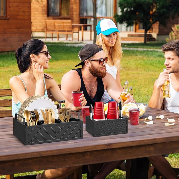 Paper Plate Dispenser with Cup Holder for Kitchen Countertop, Wood Paper Plate Holder Organizer for Cutlery, Silverware Caddy Utensil Caddy Condiment Caddy for Parties BBQ and Camping Accessories