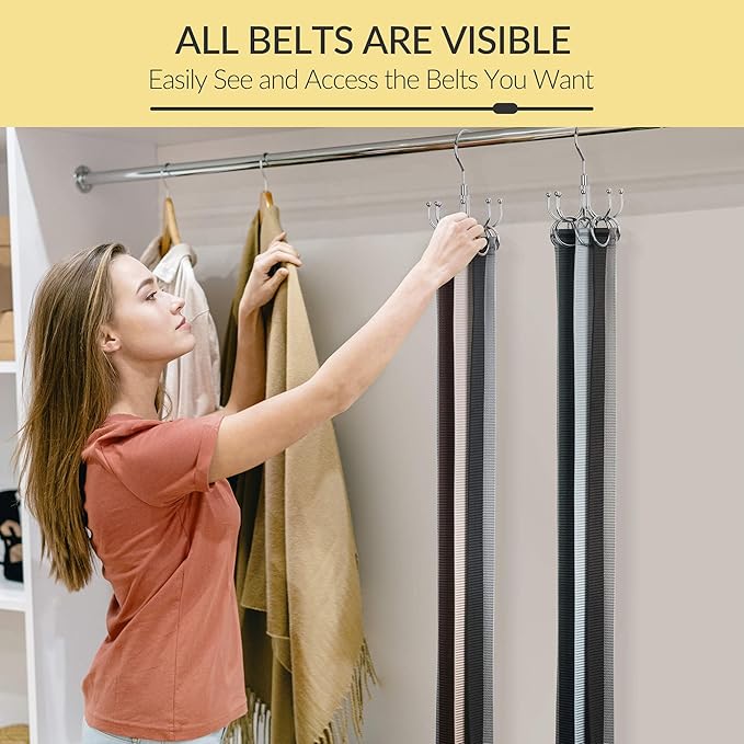 2 Pack Belt Hanger, Space Saving Belt Organizer for Closet, Max 48 Storage Capacity, Rotating Belt Rack Closet Organizers and Storage for Hanging Belt, Ties, Silver