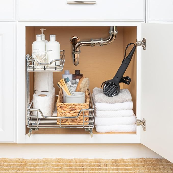 Household Essentials Glidez Multipurpose Chrome-Plated Steel Pull-Out/Slide-Out Storage Organizer for Under Sink or Under Cabinet Use - 2-Tier Design - Fits Standard Size Cabinet or Shelf, Chrome
