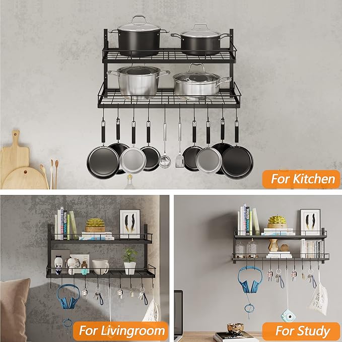 2 Tiers Hanging Pot Rack Wall Mounted, Large Weight Capacity Pots and Pans Hanging Rack with 10 Hooks for KItchen Organizer Storage(Heavy Duty)