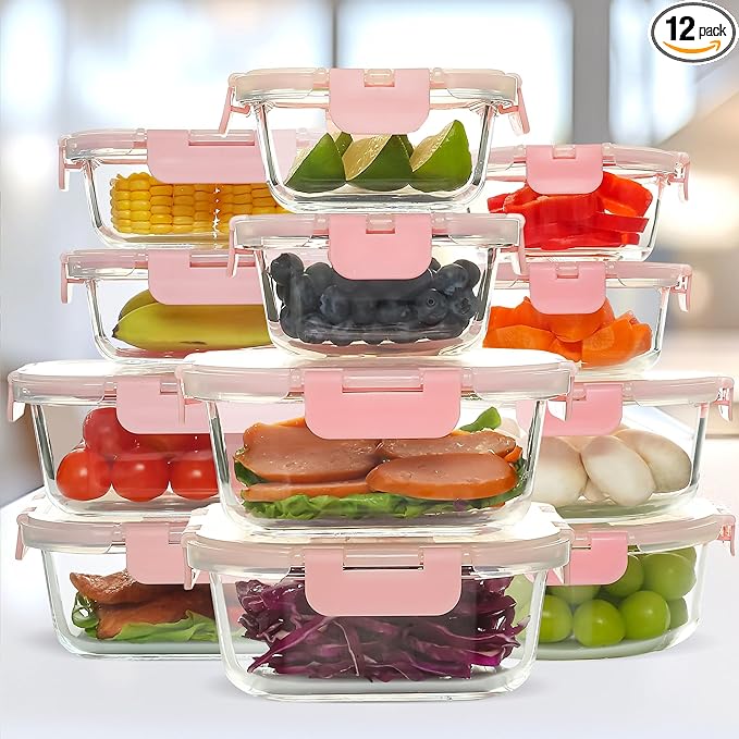 UMEIED 12 PACK Glass Food Storage Containers with Leak Proof Lids, Glass Airtight Meal Prep Containers Set for Lunch, On the Go, Leftover, Kitchen Pantry Organizers and Storage (Pink)