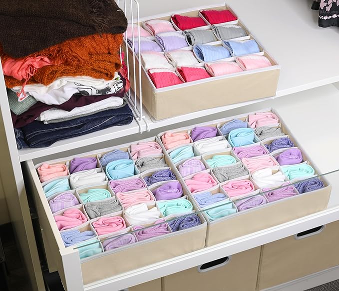 Simple Houseware Sock Drawer Organizer for Dresser/Closet/Bedroom, 3 Pack, Beige