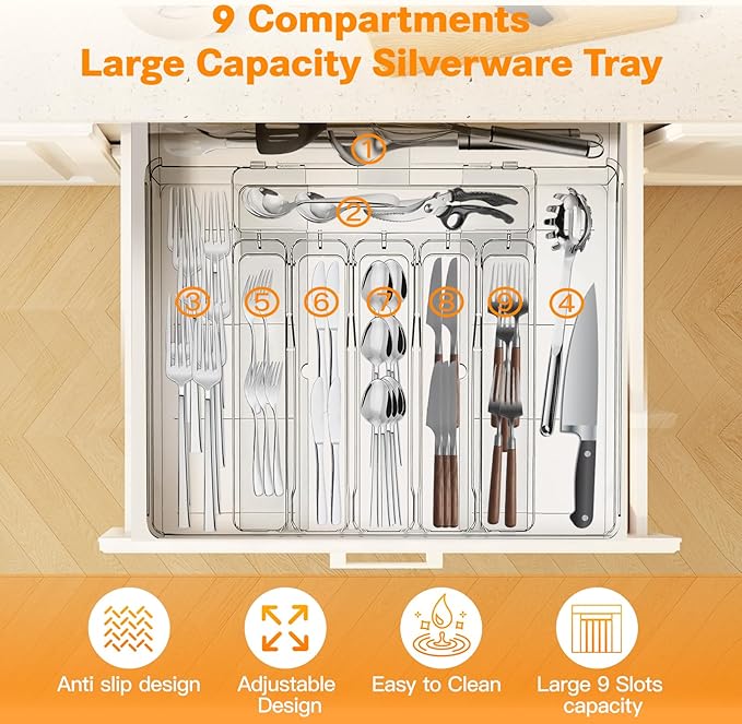 Silverware Drawer Organizer, Expandable Utensil Tray for Kitchen, Clear Plastic Cutlery Flatware Holder, Adjustable Storage Divider for Cooking Tools Forks Knives Spoons, 9 Slot