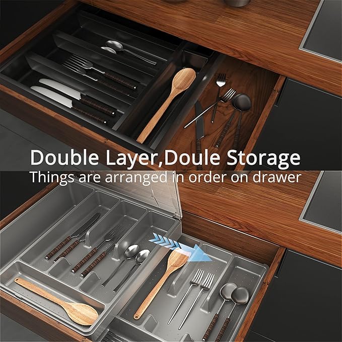 Double Layer Silverware Organizer with Lid, Utensil Holder with Cover, Flatware Cutlery Storage Oranizer, Gray
