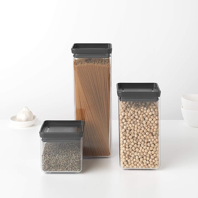Brabantia Tasty+ Stackable Food Canister (Dark Gray / 0.66 Gal) BPA-Free Space-Saving Durable Jar with Silicone Seal Lid for Freshness