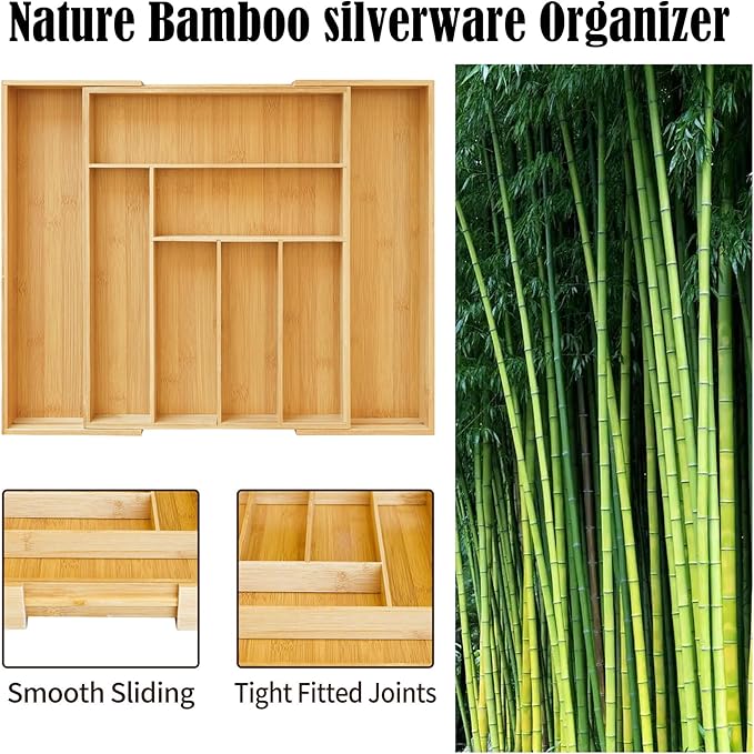Expandable Bamboo Silverware Drawer Organizer for kitchen, bamboo drawer organizer of 8 Compartments, Flatware and Kitchen Utensils organizer(Natural)