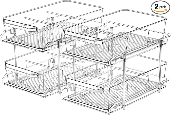 2 Set, 2 Tier Clear Organizer with Dividers for Cabinet, Shlef, Counter - MultiUse Slide-Out Storage Container - Kitchen, Pantry, Medicine Cupboard Bins, Bathroom, Vanity Makeup, Under Sink Organizing