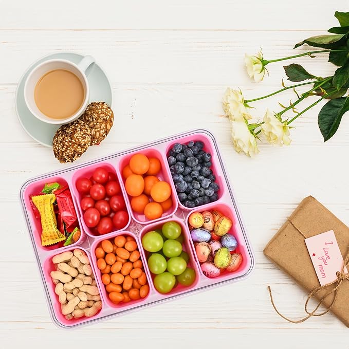 Snackle Box Container, 8 Compartment Divided Serving Tray with Lid and Handle, Snack Box Container for Candy, Fruit and Snacks, Great for Gatherings, Outings, Parties and Entertaining(Pink)