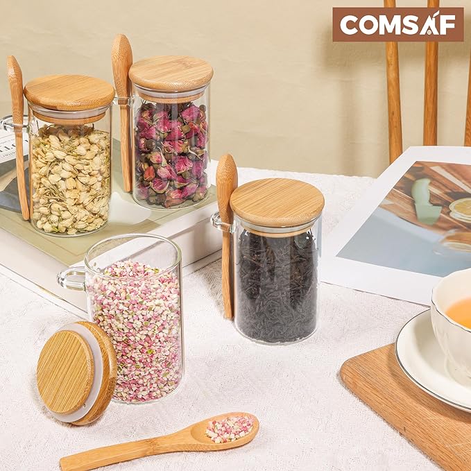 ComSaf 12 Pcs Glass Spice Jars with Spoons, 8oz Containers with Bamboo Lids, Glass Storage Containers with Airtight Lids with 275 Labels for Seasonings, Salt, Loose Leaf Tea Storage