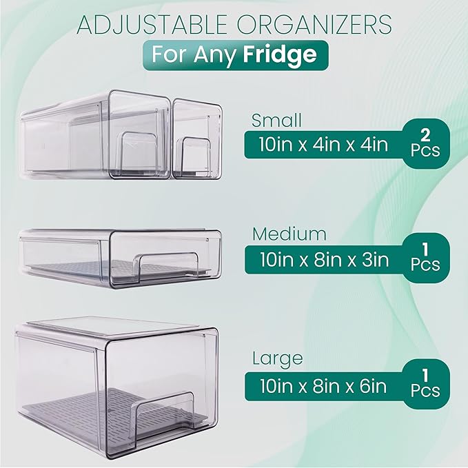 4-Pack - Fridge Organizer Bins - Stackable Fridge Organization with Drawers, Water Collection Insert, Easy Access Refrigerator Organizers and Storage