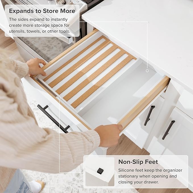 Spice Drawer Organizer with Expandable Storage. Holds up to 15 Spice Jars (Not Included), Non-Slip Feet, Kitchen Accessory Storage, 100% Sustainable Bamboo Wood (White Bamboo)