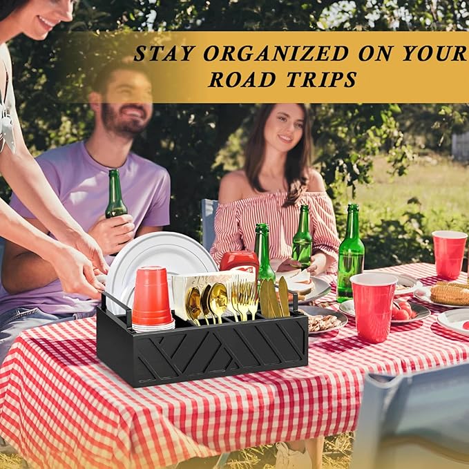 Paper Plate Dispenser, Paper Plate Holder for Kitchen Counter, Wood Rustic Silverware Utensil Caddy, Flatware Organizer with 6 Compartments- Plate Caddy for Picnic and Kitchen (Black)