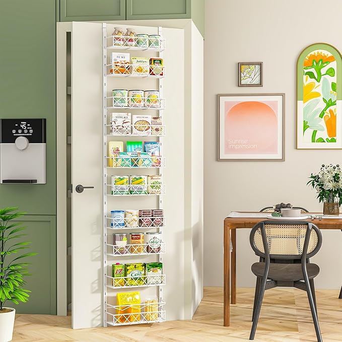 Over the Door Pantry Organizer, Over the Door Organizer, Over the Door Spice Rack,10-Tier Metal Pantry Door Organizer for Easy Install, Pantry Door Storage,Over the Door Storage White