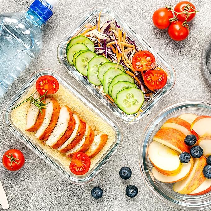 VERONES 10Pack Glass Meal Prep Containers, Airtight Glass Lunch Containers,Stackable Glass Food Storage Containers Set with Lids,Exclusive of BPA, for Microwave,Oven, Freezer&Dishwasher Friendly,White