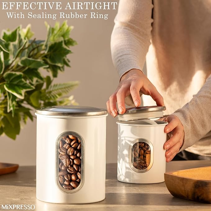 Mixpresso 3 Piece White Canisters Sets For The Kitchen, Kitchen Jars With See Through Window, Airtight Coffee Container Tea Organizer & Sugar Canister, Kitchen Canisters Set of 3 White Kitchen Decor.