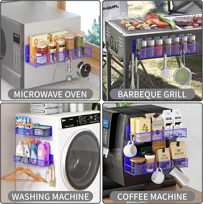 Magnetic Spice Rack for Refrigerator, 2 Pack Metal Magnetic Shelf, Moveable Spice Organizer with Hooks, Super Magnetic Fridge Shelf for Kitchen Organization and Storage, Purple Blue