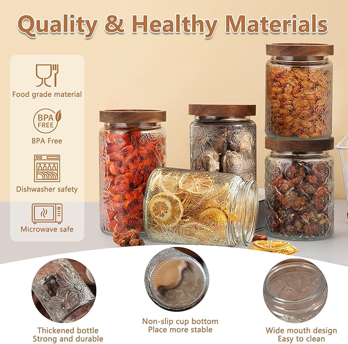 Vintage Glass Jar With Airtight Lid, 34 OZ Kitchen Glass Food Storage Containers Mason Jars for Cookie, Candy, Sugar, Coffee, Beans, Tea, Oats, Flour, Grains, Delicate Food Storage Jar