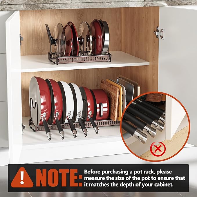 3 Pack Expandable Pan Organizer for Cabinet,Pot Lid Holder Rack with 14 Adjustable Compartment for Kitchen Cabinet Cookware Baking Frying Rack (Bronze)