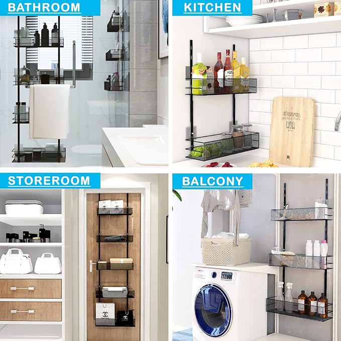Over the Door Pantry Organizer - 6-Tier Mesh Basket Hanging & Wall Mounted Pantry Door Organizer, Over the Door Spice Rack with Adjustable Hooks for Kitchen, Bathroom, Bedroom, Storage Room (Black)