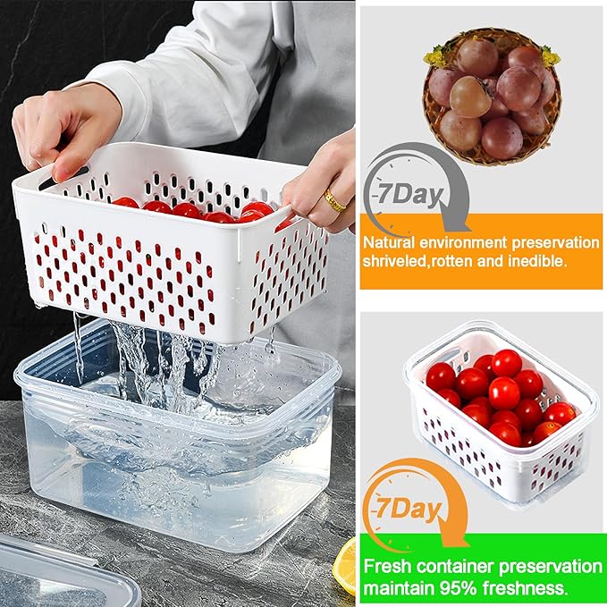 4 Pack Large Fruit Storage Containers for Fridge with vent holes and handle,Airtight Food Storage Containers Keep Fruits, Vegetables, Berry, Fresh longer,BPA-free Fridge Storage Container with Lid