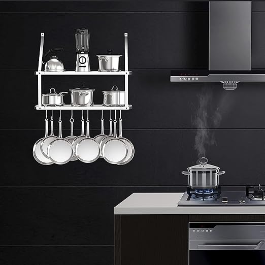 Vdomus Hanging Pot and Pan Rack, 13.7" Dx29.5 Wx10.6 H - 2-Tier Wall Mounted Kitchen Shelves - Heavy-Duty Cast Iron Cookware and Utensils Storage - Tiered Multipurpose Organizer with Moveable Hooks