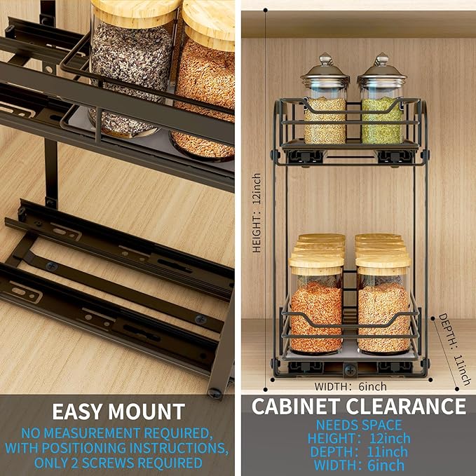 Spice Rack Organizer, 2-Tier Pull Out Spice Organizer, Heavy Duty Metal Basket for Inside Cabinets & Pantry Closet