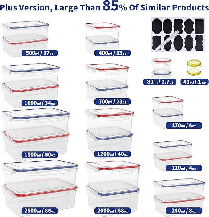 52-Piece Large Food Storage Containers with Lids Airtight, Health Material 85oz Leakproof Reusable Plastic Storage Containers, for Lunch, Meal Prep, and Leftovers, Kitchen Organizer, Freezer Container