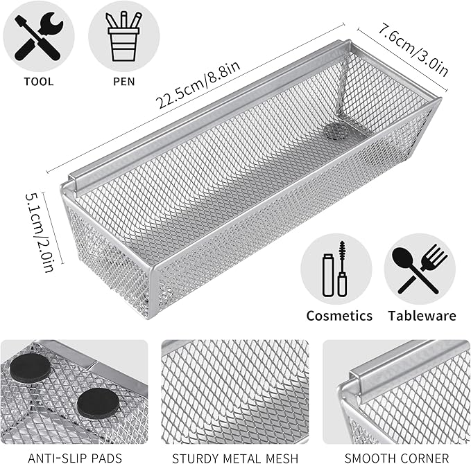 Faridabio Mesh Drawer Organizer,Silverware Organizer for Kitchen Utensil Cutlery Tray with Interlocking Steel Mesh Metal Flatware Organizer Storage Silver (6 pcs)