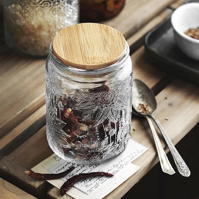 Vintage Glass Jar with Bamboo Lid, 23.7 FL oz - Airtight Decorative Food Storage Canisters for Kitchen Counter, Ideal for Candy, Sugar, Coffee, Cookies (Sunflower*2)