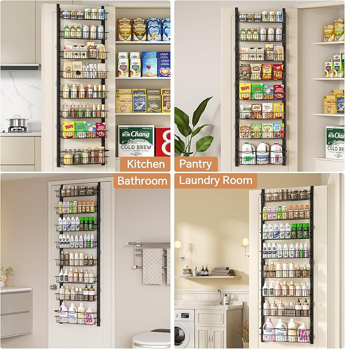 Over the Door Pantry Organizer, 8-Tier Adjustable Spice Rack Cabinet Door Shelves, Hanging Seasoning Organizer for Kitchen Bathroom, Laundry Room Organization, Black