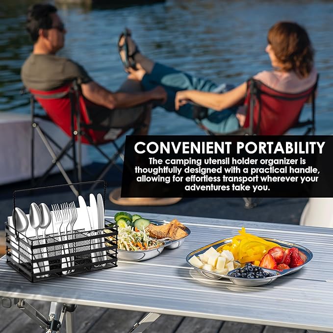 Stainless Steel Utensil Basket,Dishwasher , Flatware Basket, Kitchen, Countertop, Office, Camping, Outdoors, and Restaurants, 4-Compartment, Black