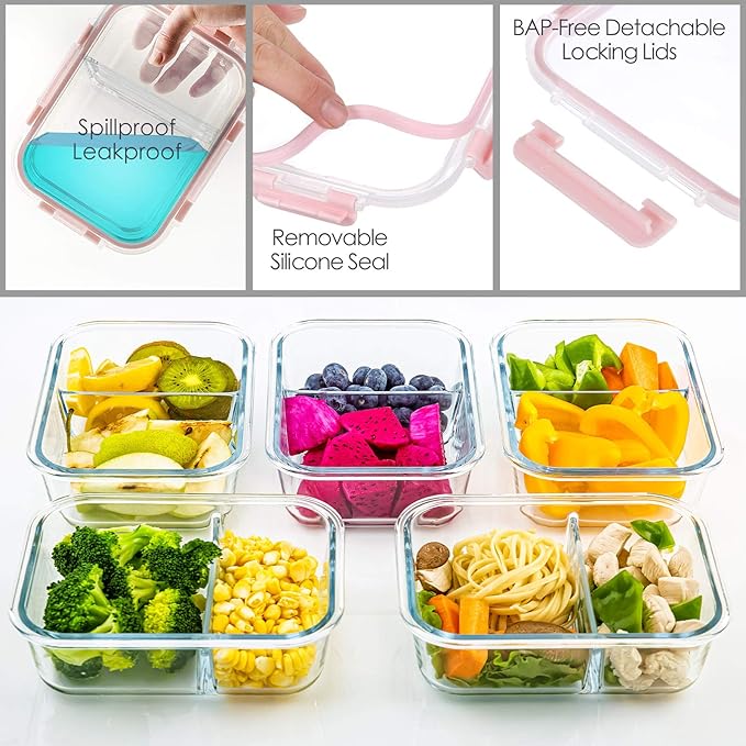 C CREST Glass Meal Prep Containers 2 Compartment Set, 5-Pack, 34oz, Glass Bento Boxes for Adults, Divided Glass Lunch Containers with Lids