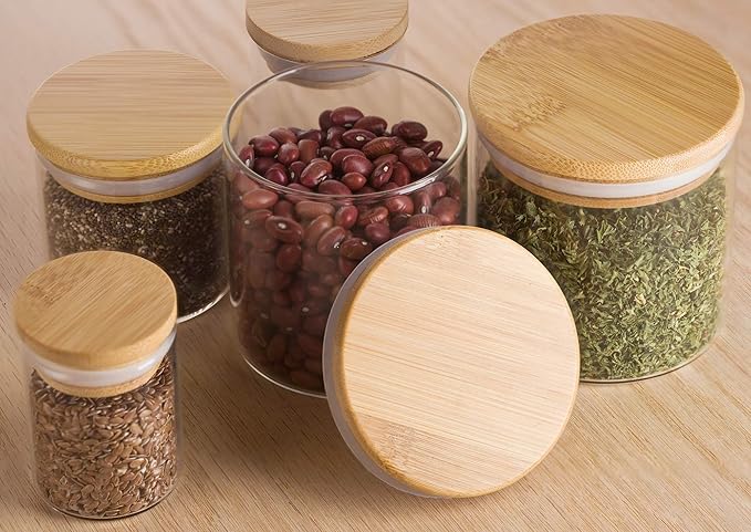JUVITUS 10 oz Clear Glass Borosilicate Jar with Bamboo Silicone Sealed Lid (6 Pack) Nuts Spice or Kitchen Storage