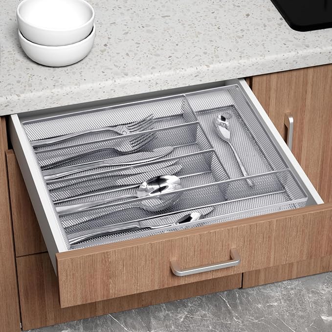 Silverware Drawer Organizer Holder, Cutlery Tray Silverware Flatware Storage Divider for Kitchen, Bedroom, Living Room,Mesh Wire with Non-slip foam Feet, 5 Compoment( Silver)
